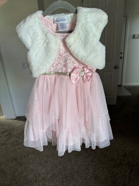 Jona Michelle Pink Tulle Dress with White Faux Fur Bolero